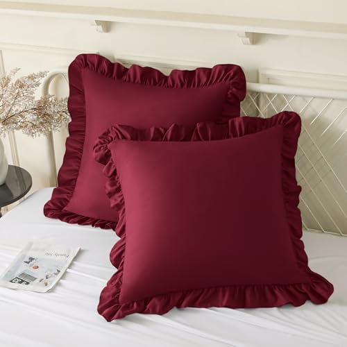 KKJIAF 2 Pack Ruffle Pillow Cases 26x26 Inches, Burgundy by KKJIAF