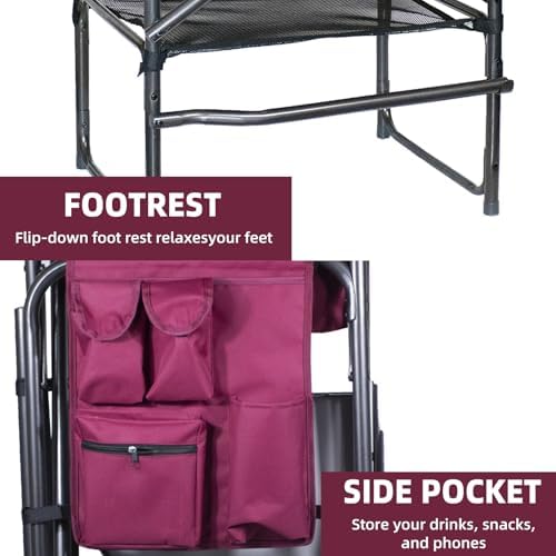 Tall Directors Chair 30" Seat Height, Bar Height Folding Chair with Side Table, Foldable Camping Chair with Side Pocket for Makeup Artist, Sports Event, Supports 400LBS - Wine Red/Black - Image 5