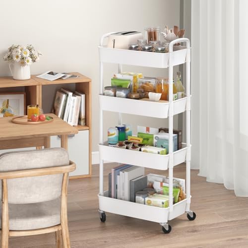 Sywhitta 4-Tier Plastic Rolling Utility Cart with Wheels for Storage,White - Image 4