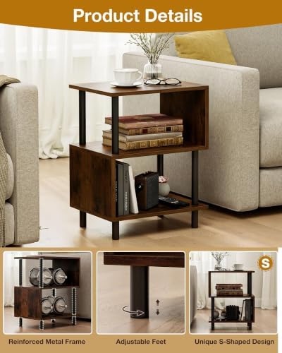 Frylr Small Side Table, End Table and Nightstand with 3-Tier Wood Shelves, Sturdy Metal Frame with 44 LBS Capacity per Shelf, Easy to Assemble for Living Room or Bedroom,Dark Brown - Image 3