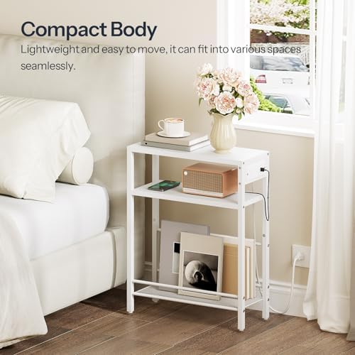 HOOBRO Small Narrow Side Table with Charging Station, Skinny End Table for Small Spaces, Slim Nightstand with USB Ports Outlet, Sofa Beside Table with Storage Shelf, White WT102UBZ01 - Image 4
