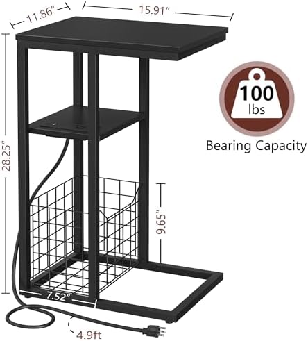Vagusicc C Shaped End Table with Charging Station, Side Table for Couch, Small Side End Table for Small Spaces, 28" High Slide Under Sofa Table for Coffee, Tv Tray Table for Living Room, Black - Image 3