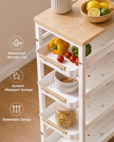 Pipishell Slim Storage Cart, Wooden Top Narrow Kitchen Storage Cart, White - Image 3
