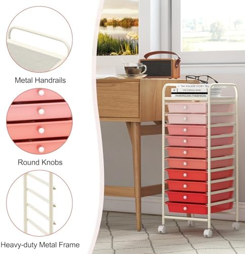 MEDIMALL 10 Drawers Rolling Storage Cart, Multipurpose Craft Storage Cart with Wheels, Mobile Tools Scrapbook Paper Organizer Cart for Office School Home Use - Image 6