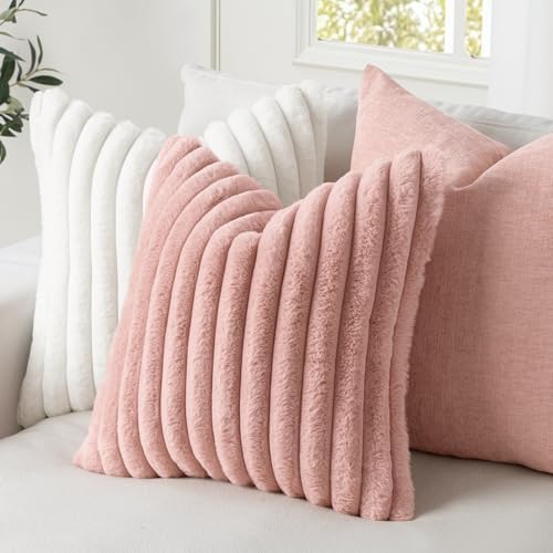 MIULEE Faux Fur Decorative Throw Pillow Covers 20x20 Set of 2 Blush Pink - Image 3