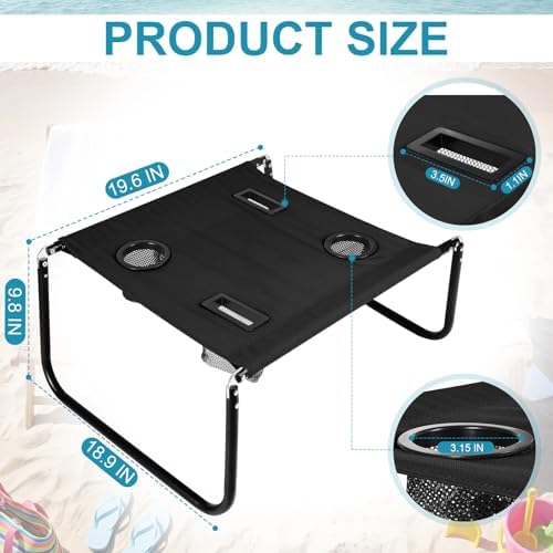 Portable Beach Table Foldable Pockets, Black, Solid Pattern - Image 3