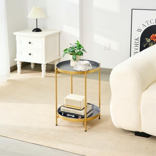 2-Tier Round End Side Table, Small Metal Side Table with Removable Tray, Folding Accent Tables for Living Room, Balcony, Nightstand for Bedroom, Outdoor Tables for Patio, Gold&Grey - Image 2