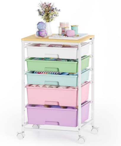 SYKIARIOL 5-Tier Rolling Cart with Drawers with Wooden Top, Ice Cream by SYKIARIOL