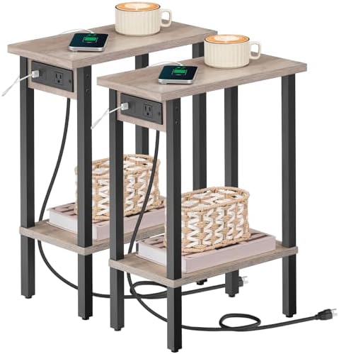 HOOBRO Narrow Side Tables, Set of 2, 2-Tier Slim End Tables with Charging Station, Skinny Nightstands with Open Storage, for Small Spaces, Living Room, Bedroom, Study,Greige and Black BG240UBZP201 by HOOBRO