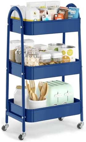 EAGMAK 3 Tier Utility Rolling Cart, Metal Storage Cart with Handle and Lockable Wheels, Multifunctional Storage Organizer Trolley with Mesh Baskets for Kitchen, Living Room, Office, Garage (Indigo) by EAGMAK