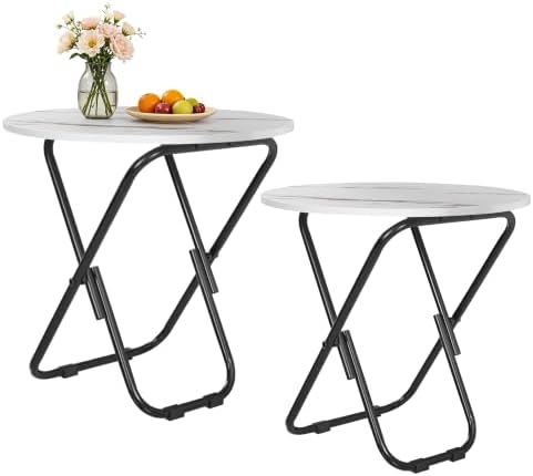 VECELO Patio Outdoor Side Table Set of 2,17.7 inch Small Folding Table Round Waterproof Wood Table,Foldable Anti-Rust Metal Legs Snack Desk for Garden Balcony,Yard,Living Room by VECELO