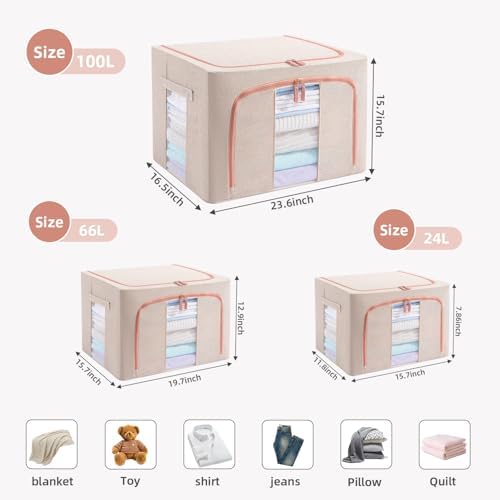 GuliPostan 3 Pack 66L Stackable Clothes Storage Bins with Metal Frame Handles & Zipper, Collapsible Closet Organizer Box with Lid for Bedding Blankets Towel (Beige) - Image 2