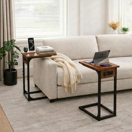 TEMI C Shaped End Table for Couch with Charging Station, Small Side Table TV Tray for Eating or Laptop, Accent Desk for Sofa or Chair, Space Saving Living Room Bedroom, Rustic Walnut - Image 4