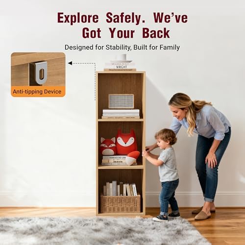 Book Shelf, Wooden Cube Storage Organizer with 11" Open Cubes, Stackable Modular Bookcase for Room Divider Storage, 3 Tier Bookshelf for Living Room, Bedroom, Office (Oak, 3-Cube) - Image 4