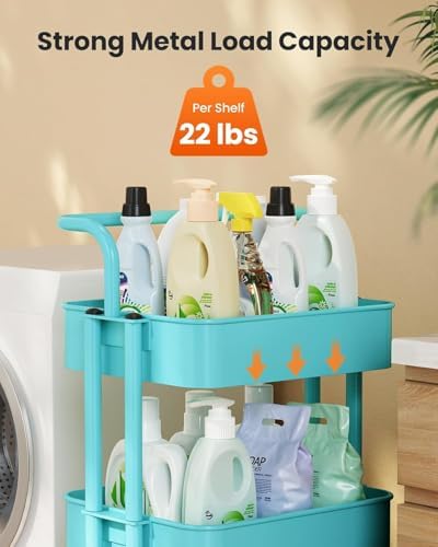 Pipishell Metal 3 Tier Rolling Cart with Handle & Wheels, Turquoise - Image 6