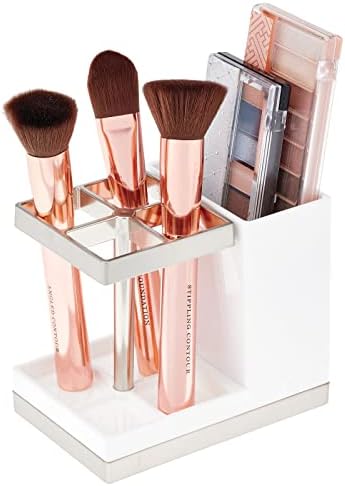 mDesign Plastic Toothbrush and Toothpaste Storage Organizer Holder - Home Decor for Bathroom Countertop - Holds Toiletries and Beauty Accessories - Lumiere Collection - White/Brushed - Image 4