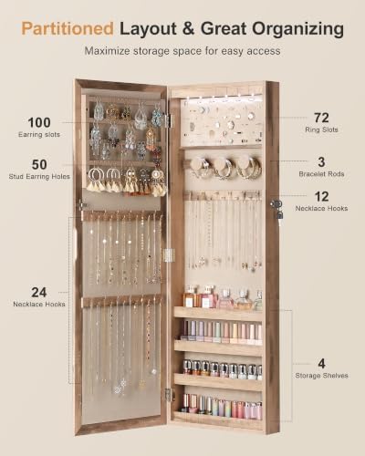 Nicetree 6 LEDs Jewelry Armoire, Hanging Mirror Jewelry Cabinet, Oak - Image 4