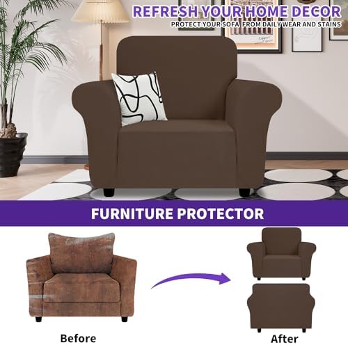 ZNSAYOTX Chair Cover with Arms (30"-47"), New Striped Sofa Chair Covers for Living Room, Dogs Pet Friendly Anti-Slip Chair Protector Spandex Armchair Slipcovers (Coffee, Chair) - Image 2