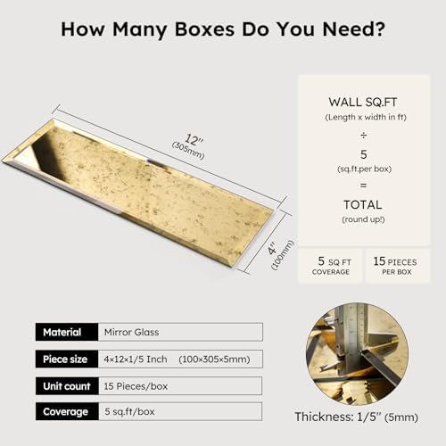 Diflart Peel and Stick Beveled Mirror Tile, Light Antique with Gold, 4x12 Inch, Mirror Backsplash for Kitchen Bar Bathroom Wall Tile (5 Sq.ft, 15 Pcs) - Image 3
