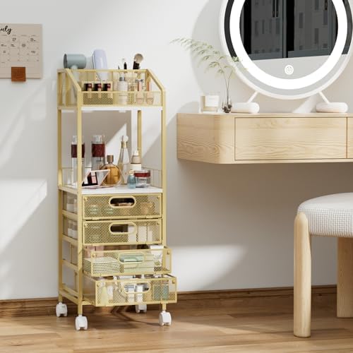 HapiRm Makeup Organizer Storage Cart - Floor Skincare Make Up Storage with 4 Drawers, Rolling Makeup Cart Vanity Organizer Cosmetics Display Cases Holder for Skin Care Perfume Nail Polish, Gold - Image 2