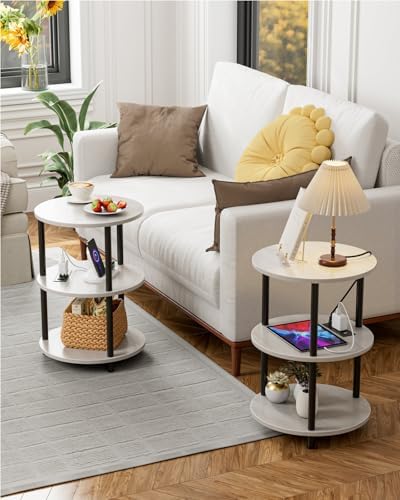 XBurmo Small Round End Table - 3 Tier Design Accent Table, Narrow Side or Bedside Stand, Industrial Vintage Table for Small Spaces, Built-in USB Ports and Power Outlet, Greige - Image 6