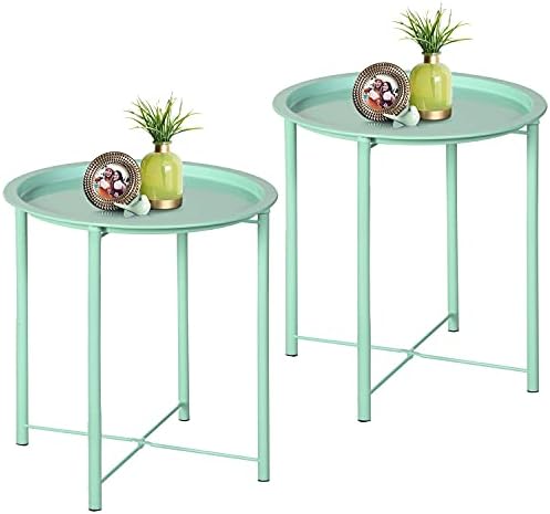VECELO Side/End Table, Folding Round Metal Anti-Rust and Waterproof Outdoor or Indoor Tray for Living Room Bedroom Balcony and Office, 2 PCS, Light Green by VECELO