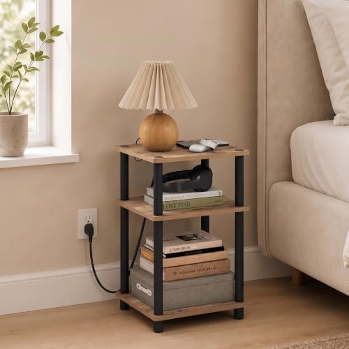 Furinno Just 3-Tier Night Stand with Charging Station, Brown Oak - Image 2