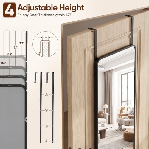 Suidia Full Length Mirror Over the Door&Wall Mounted, 58"x19" Door Mirror with Aluminum Alloy Frame, HD Shatterproof, No-Drill, Hanging Mirrors for Bedroom, Bathroom, Dorm, Closet, Rounded Rect, Black - Image 7