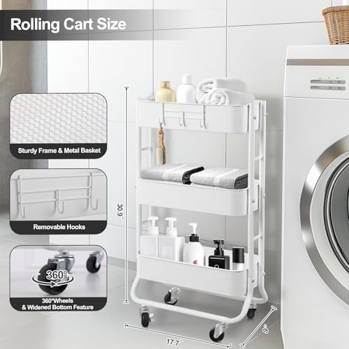 MAX Houser Slim 3-Tier Rolling Utility Cart with Extra Hook, White - Image 2