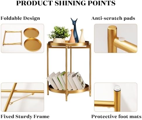TeoKJ 2 Tier Round Side Table, Folding Metal Small Bedside Nightstand for with Two Removable Tray for Bedroom Living Room Bedside Small Spaces Gold X2 - Image 4