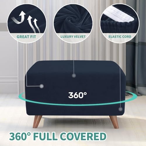 MAXIJIN Velvet Ottoman Slipcover Oversized Stretch Square Rectangle Footstool Slipcover Folding Storage Ottoman Covers for Living Room with Elastic Bottom (Ottoman X-Large, Navy Blue) - Image 4