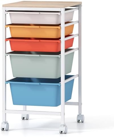 Giantex Rolling Storage Cart with 5 Drawers, Utility Cart w/Wooden Tabletop, Lockable Wheels, Multipurpose Organizer for Art Craft Books Paper, Drawer Carts for Dorm Classroom Office, Macaron by Giantex