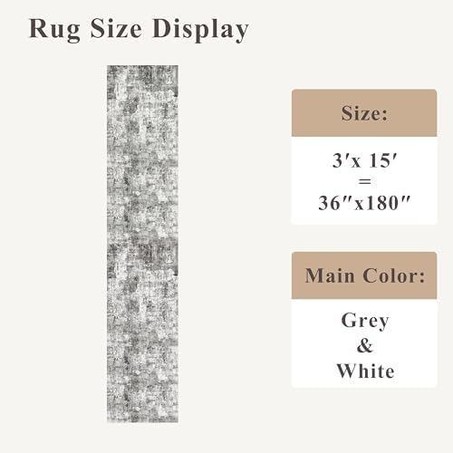 3x15 Ft Long Hallway Runner Rug - Non-Slip Washable Kitchen Runner Rug with Rubber Backing | Modern Abstract Wide Floor Carpet Runner for Indoor Entryway, Bedroom, Living Room（Grey） - Image 2