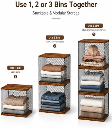 Honkazita 3-Pack Stackable Wire Closet Organizers with Wood Tops - Image 3