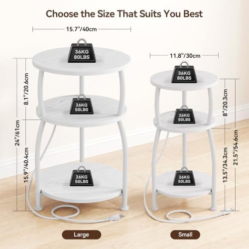 Round Side Table with Power Outlet, USB Type C Port, 3-Tier End Table - Image 3
