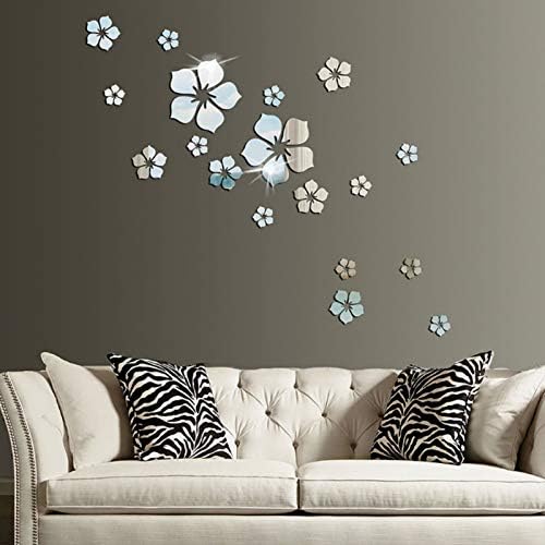 18pcs Acrylic Mirror Wall Sticker Decal for Home Living Room Bedroom Decor 3D Flower DIY Wall Decoration Silver by AQRICHFOX