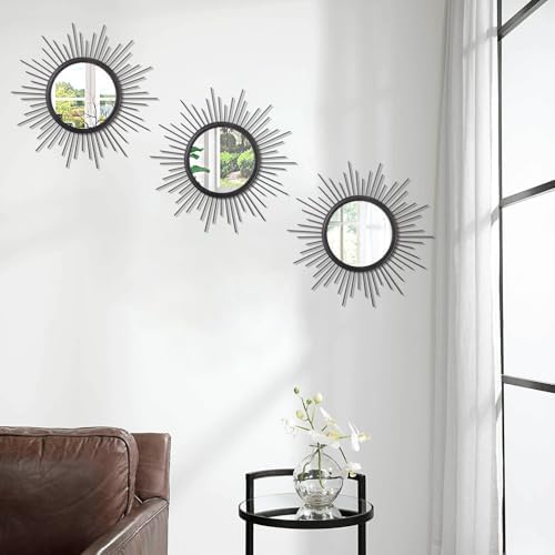 3 Pack Black Metal Wall Mirrors Sunburst Wall Mirrors Home Décor Art Decorative Modern Bohemian Hanging Wall Art for Bedroom Bathroom Living Room Entryway Small 12'' - Image 4