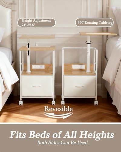 Faesun Swivel Lift Top Nightstand with Charging Station, Rolling Side Table for Recliner, Bedside Table with Wheels & a Fabric Drawer, for Small Spaces, for Bedroom, Living Room, Oak White - Image 3