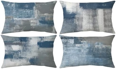 Modern Abstract Throw Pillow Covers 12x20, Blue & Grey Set of 4 by Balaena