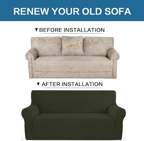 H.VERSAILTEX Stretch Couch Covers for Sofa 1 Piece Slipcovers for Couches and Sofas 3 Seater Couch Cover Feature Thick Checked Jacquard Fabric with Elastic Bottom(Large Sofa 90"-100" Wide, Olive) - Image 6