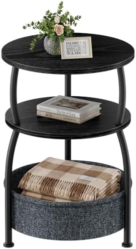 Round Side Table with Storage Basket, End Table Living Room, Black by designyourhome
