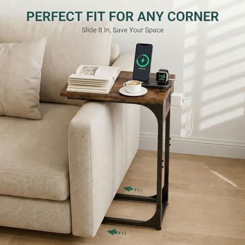 TEMI C Shaped End Table for Couch with Charging Station, Small Side Table TV Tray for Eating or Laptop, Accent Desk for Sofa or Chair, Space Saving Living Room Bedroom, Rustic Brown - Image 3