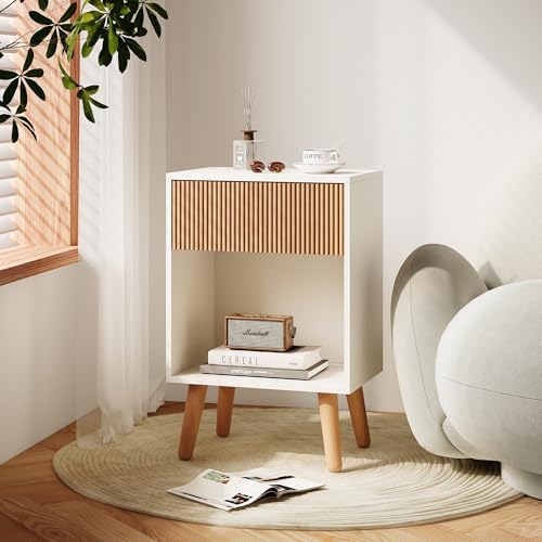 Fluted Nightstand, Modern Bedside Table with Storage Drawers and Open Wood Shelf, Night Stand with Solid Wood Legs, End Tables Side Tables for Living Room, Bedroom - Image 6