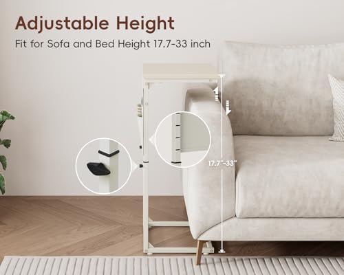 Vagusicc C-Shaped End Table with Charging Station, Small Side Table for Couch, 33" Tall C Table Adjustable Height Side Table, Couch Tables that Slide Under, Sofa Table TV Tray for Living Room, Cream - Image 5