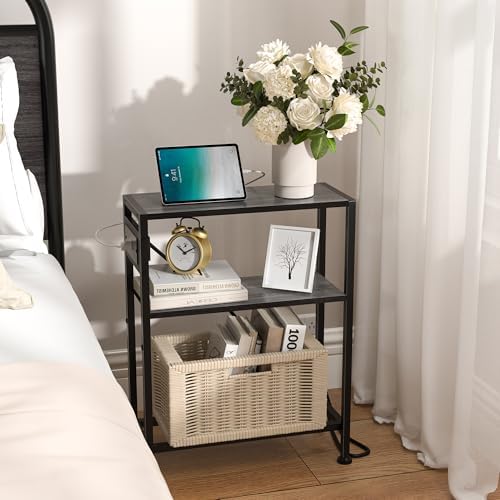 Small Narrow Side Table with Charging Station, Skinny End Table for Small Spaces, Slim Nightstand with Outlets, Sofa Bedside Table in Living Room, Bedroom, Study, Kitchen and Balcony(Grey) - Image 2