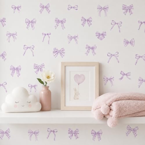60Pcs Watercolor Bowtie Wall Stickers - Coquette Aesthetic Vinyl Decals for Room Decor in Light Pink, Sky Blue, Mint Green, Lavender Peel and Stick Nursery, Bedroom, Kindergarten Wall Art (Purple) by Unknown