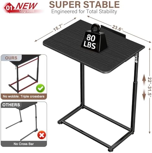 Extra Large TV Tray Table Set of 2, Heavy Duty C-Shaped Laptop Desk with 8-Level Height & 90° Tilt, Folding Overbed End Table for Couch and Bed, Black Finish with Phone/Tablet Slot for Small Spaces - Image 2