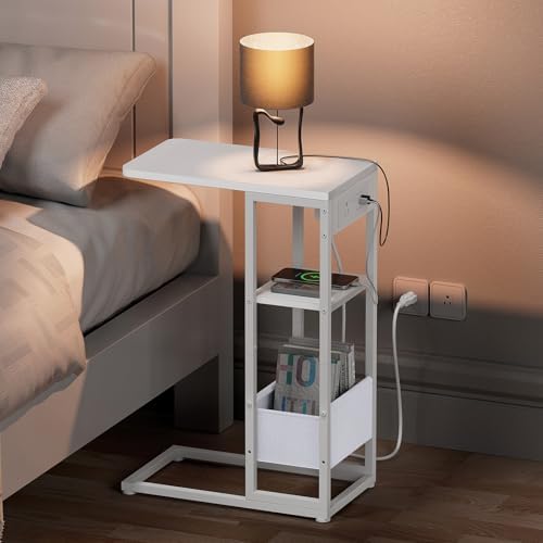 C Shaped End Table with Charging Station, Small Side Table for Couch Recliner, Slide Under Sofa Desk Snack Tables with Storage Bag & AC / USB Outlet, Small Spaces Drink Tables for Living Room, Bedroom - Image 2