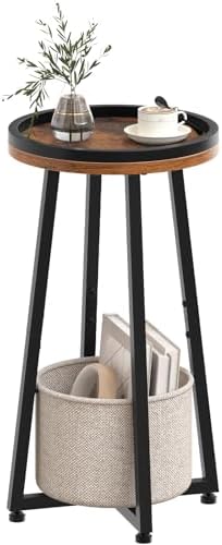 HOOBRO Small Round Side Table, 2-Tier Round Sofa End Table, Compact Nightstand with Cotton Linen Storage Basket, for Small Space, Living Room, Bedroom, Dorm, Rustic Brown BF183BZ01 by HOOBRO