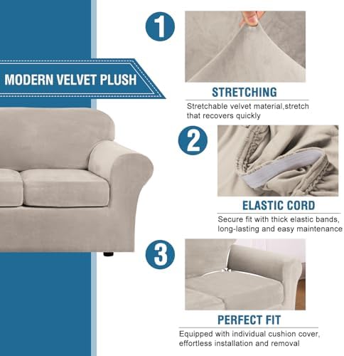 H.VERSAILTEX Real Velvet Plush 3 Piece Stretch Sofa Covers Couch Covers for 2 Cushion Couch Sofa Slipcovers Width Up to 90 Inch Feature Thick Soft Stay in Place (Sofa, French Oak) - Image 3